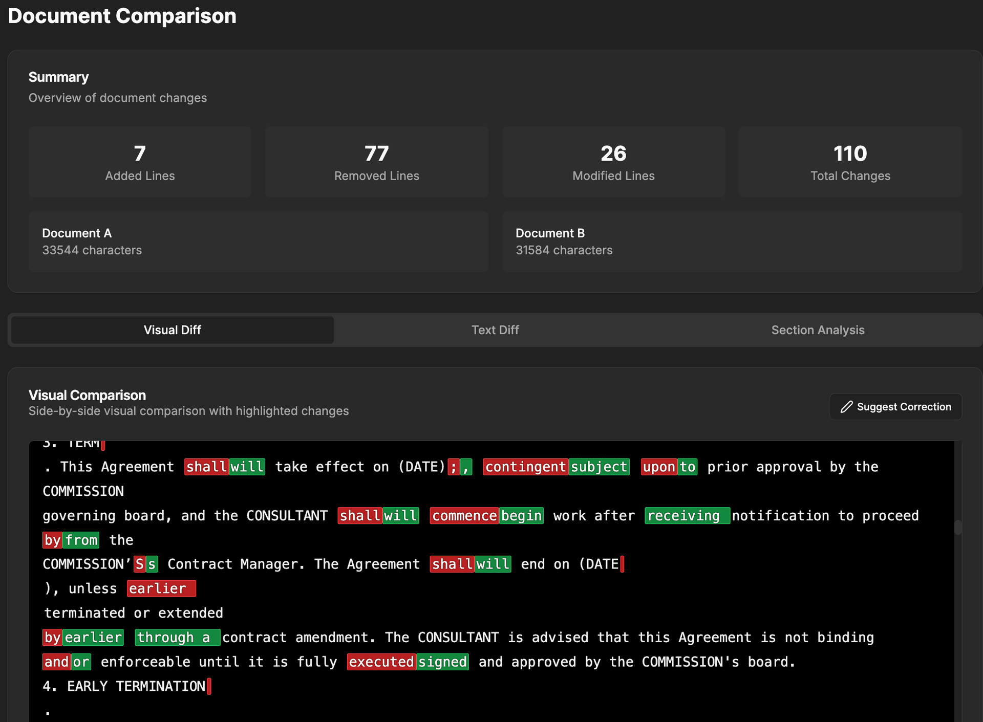 Document comparison interface showing detailed redlines and changes